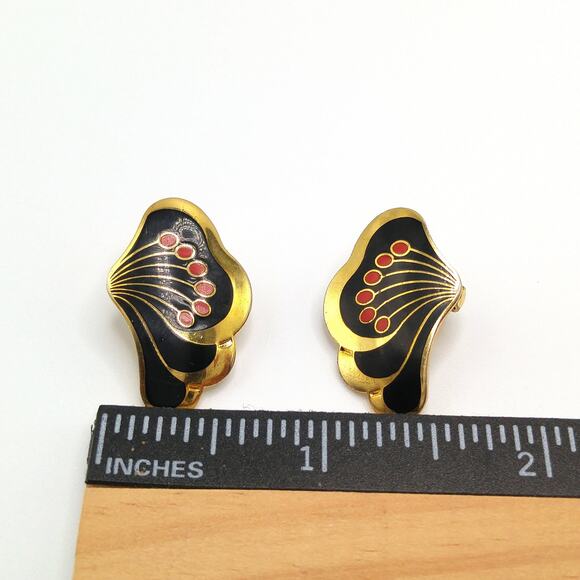 Laurel Burch "Le Fleur" Clip Earrings, Black Red Enamel, Gold Plated, 1980s - Picture 9 of 10